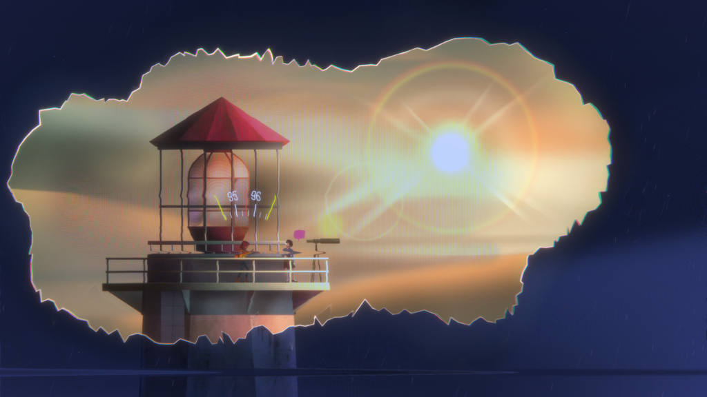 Riley is standing on a lighthouse with a time tear open. The image is distorted.